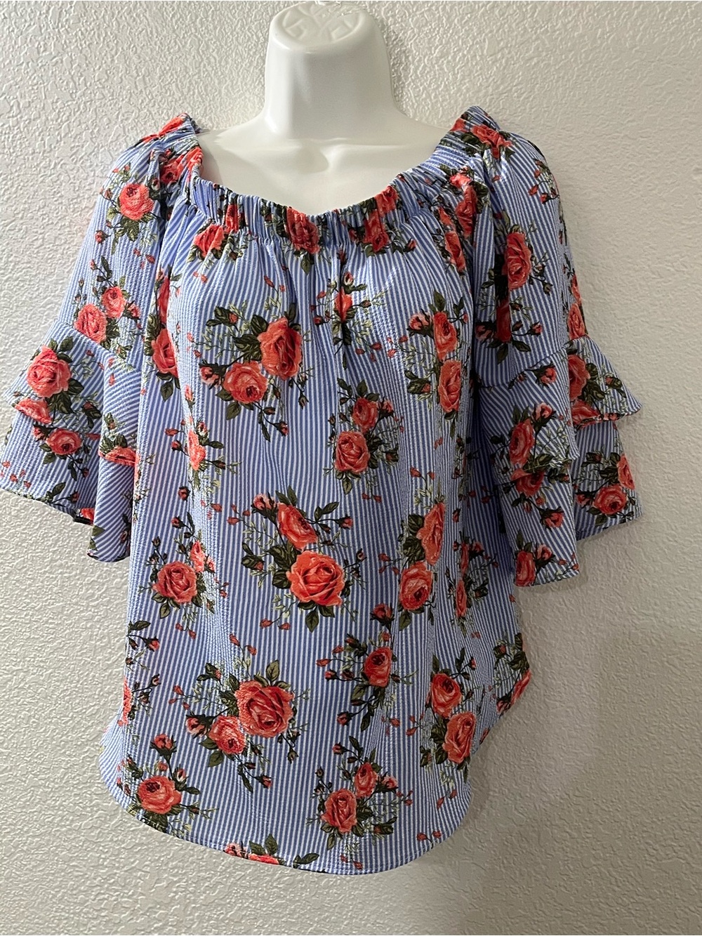 bobeau Blue Striped Off-Shoulder Blouse with Coral Rose Print